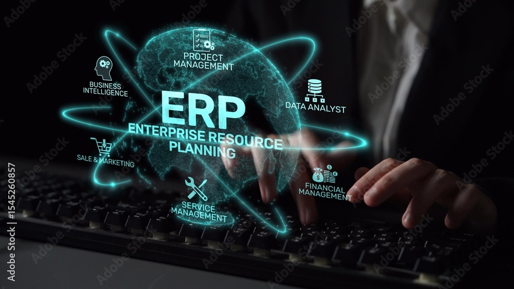 Poster erp platform visual showing centralized system for enterprise resource planning, improving integrati