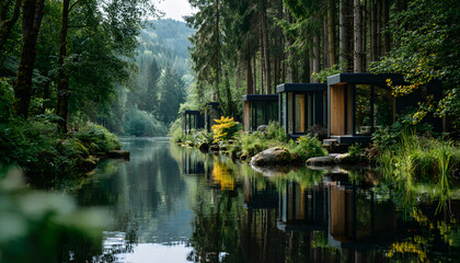 Blurry view of modern pod cabins in a forest beside a lake represents eco-tourism, minimalist architecture, and tranquility in remote digital detox retreats