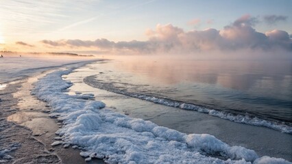 Fototapeta premium Frozen shoreline with icy waves and foggy sunrise in winter 