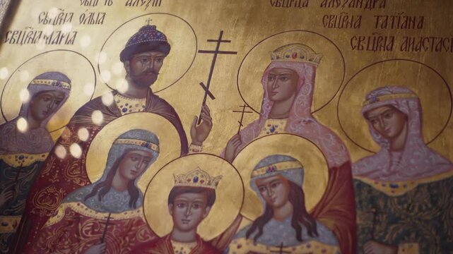 Close up, Golden frame of the Russian Imperial Family, Tsar Nicholas II and his family, saints, Orthodox Christian icon, Ascension Cathedral, Almaty, Kazakhstan