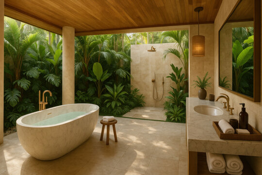 Large bathtub filled with bubbles, reflection in oversized mirror.