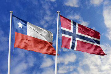 Flags of Chile and Norway Waving in Unison Against a Blue Sky, Symbolizing International Friendship and Diplomatic Ties