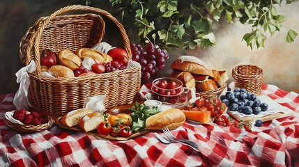 A bountiful picnic basket brims with bread, berries, fruits and a checkered tablecloth completes the scene