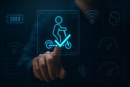 Futuristic electric scooter user profile interface with biometric authentication and dashboard icons for mobility, connectivity, speed, and energy monitoring