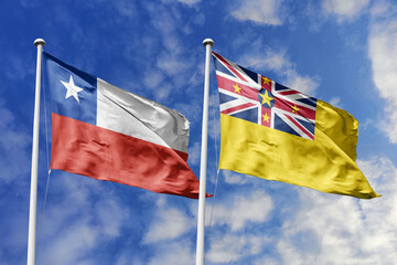 Flags of Chile and Niue Waving Proudly Against a Dynamic Blue Sky, Symbolizing Trans-Pacific...