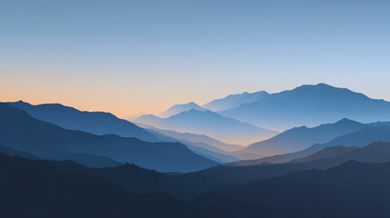 Obraz premium A scenic view of layered blue mountains under a clear sky with a soft glow on the horizon line
