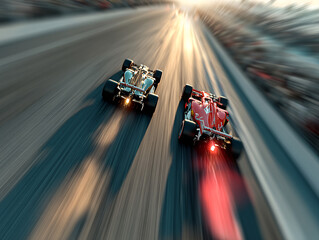 two Formula One race cars in motion on a track, with a blurred effect capturing the speed and movement of the vehicles. The cars are racing close to each other