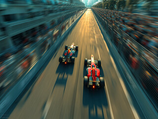 two Formula One race cars in motion on a track, with a blurred effect capturing the speed and movement of the vehicles. The cars are racing close to each other
