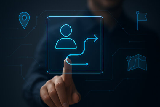 Futuristic Profile Route Navigation Hologram Interface with Finger Touch for User Journey Mapping in Digital Technology UI Concept