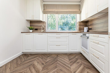 Modern luxury kitchen interior in minimal scandinavian style, 3d render
