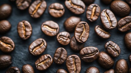 Obraz premium Closeup coffee beans on dark background roasted texture caffeine aroma food drink energy concept