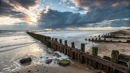 Fototapeta premium Coastal wooden jetty extending into tranquil sea with dramatic clouds 