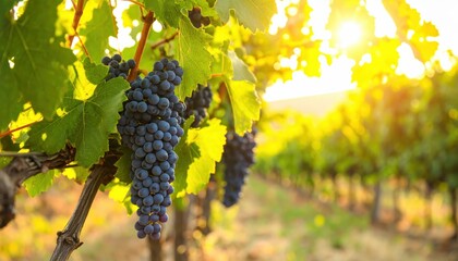 Sunlit vineyard with ripe purple grapes hanging from green vines during golden hour.