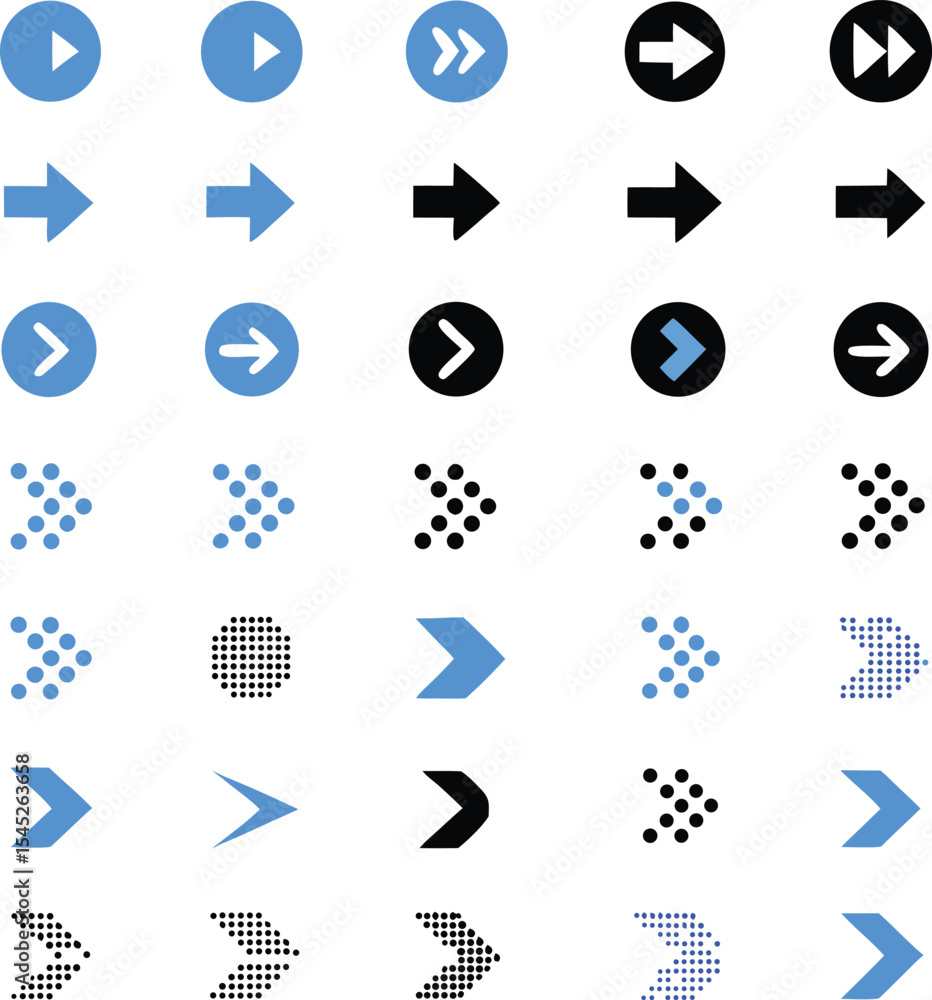 Poster collection of arrow icon sets in various styles including circle dot and solid arrows for user inter