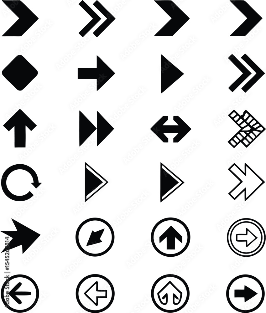 Poster collection of black and white arrow icons in various styles for navigation and design elements on wh