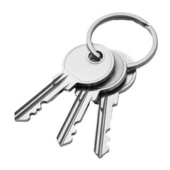 Three silver keys on a metal keyring, isolated on. Isolated Transparent Background.