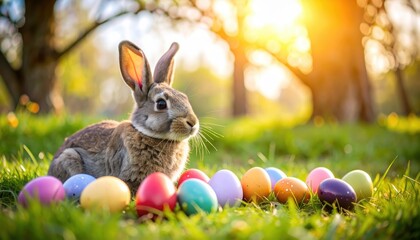A brown rabbit sits on green grass surrounded by colorful Easter eggs with a warm, glowing sunlit background.