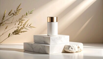 Minimalist cosmetic container with refined shape and metallic cap, standing on a white quartz stone slab, pastel cream background