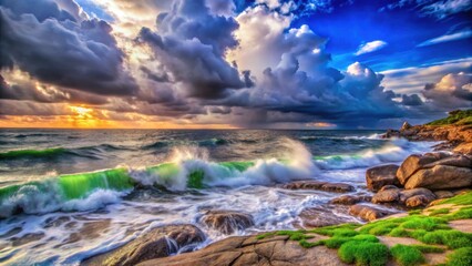 Fototapeta premium Dramatic ocean waves crashing against rocky shore at sunset 