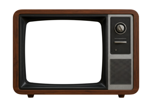 A Classic Cathode Ray Tube TV with a Wood Frame. Cut Out, Clipping Path on Transparent Background.