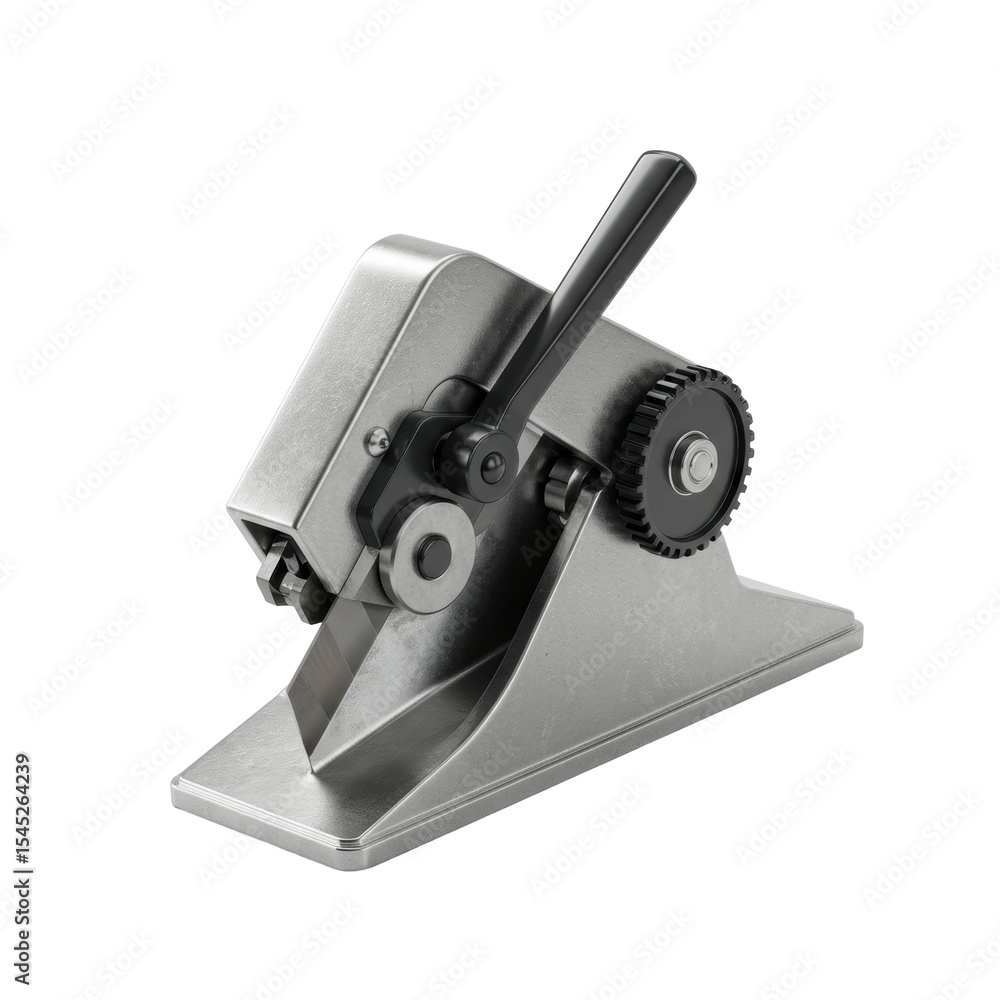 Poster precise modern metallic badge cutter with a lever mechanism and sharp blades, on a transparent backg