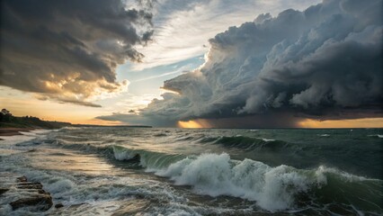 Dramatic ocean waves crashing against rocky shore under stormy sky  