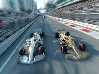high-speed race track with two Formula 1 cars racing, one in white with red accents and the other in gold, surrounded by urban buildings and a blurred audience in the background.