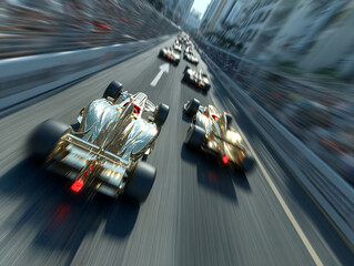 high-speed race track with two Formula 1 cars racing, one in white with red accents and the other in gold, surrounded by urban buildings and a blurred audience in the background.