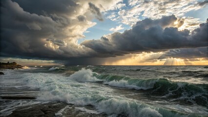Fototapeta premium Dramatic ocean waves crashing under stormy clouds at sunset 