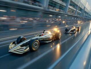 high-speed race track with two Formula 1 cars racing, one in white with red accents and the other in gold, surrounded by urban buildings and a blurred audience in the background.