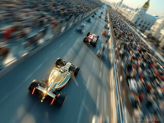 high-speed race track with two Formula 1 cars racing, one in white with red accents and the other in gold, surrounded by urban buildings and a blurred audience in the background.