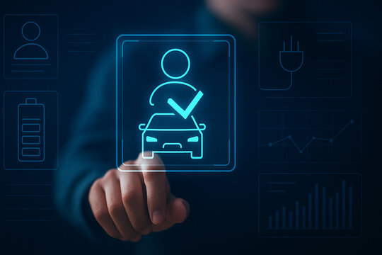 Futuristic holographic EV car profile verification interface with neon-blue digital icons, hand interaction, and advanced technology dashboard concept