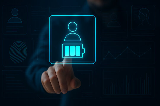 Futuristic digital profile authentication with battery power icon in neon blue holographic interface for cybersecurity, biometrics, and user interface design.