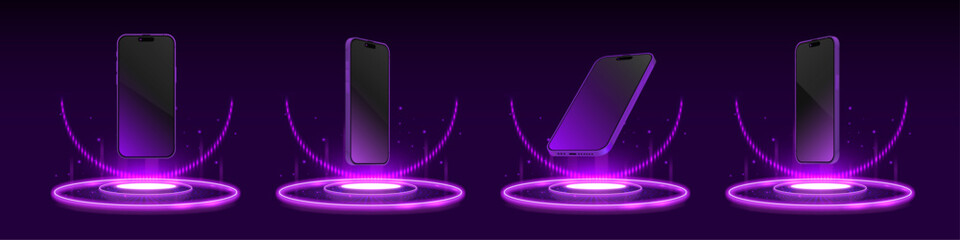 Futuristic Smartphone Technology Mockup – Floating Mobile Device Emitting Radiant Purple Light on Digital Stage, Vector Illustration