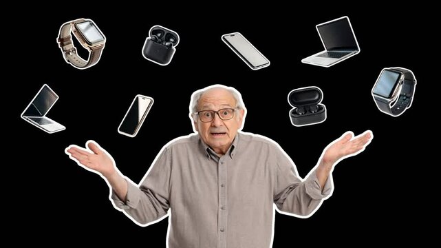 An elderly man spreads his hands in confusion under the gadgets above him. Concept of new technologies. Empty space for text. Smooth animation on transparent background