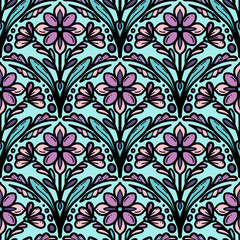 250651 colorful line floral scribble seamless scallop pattern, motifs floral hand drawn, scribble style, scallop pattern, design for seamless floral pattern, printing, wrapping, background and craft