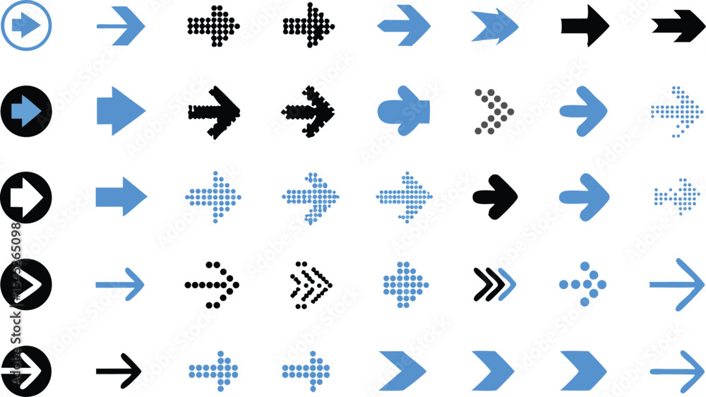 Poster collection of diverse arrow icons representing directional guidance progress and navigation elements