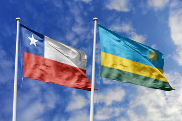Chile and Rwanda flags waving under a bright sky, symbolizing unity and ties. Red, white star of Chile meets Rwanda's blue, yellow, green with sun, representing strength and hope.