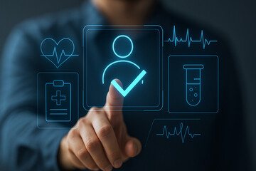 Futuristic Digital Health Profile Interface with Verified User ID and Medical Data Icons in Holographic Neon Blue UI Design