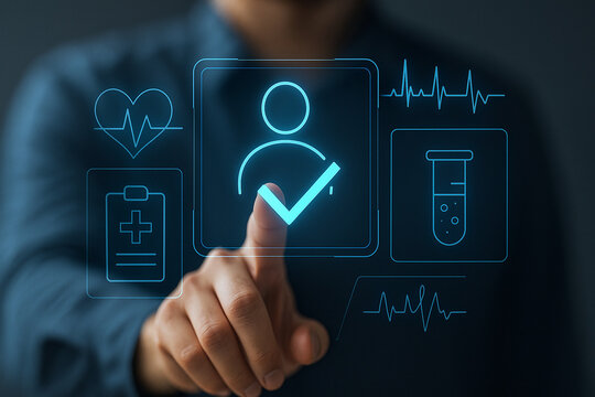 Futuristic Digital Health Profile Interface with Verified User ID and Medical Data Icons in Holographic Neon Blue UI Design