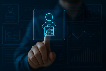 Futuristic Digital Finger Touching Profile and Hospital Hologram Interface for Healthcare Technology, Biometric Access, Medical Data, and Innovation