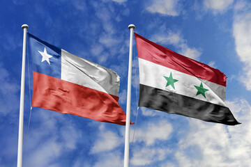Chile and Syria flags waving under a bright sky, symbolizing unity and ties. Red, white star of...