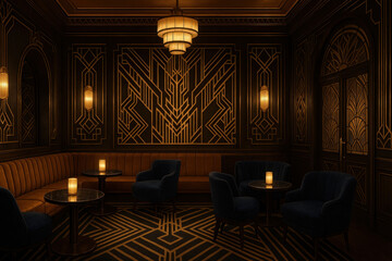 A person sitting on a velvet armchair under a dim light in a dark and moody room with gold and black wallpaper.