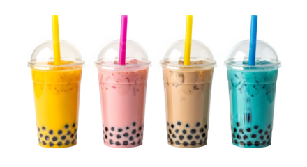 Colorful bubble tea drinks tapioca pearls boba tea refreshing asian drink milk tea sweet treat summer drink 100 on transparent background