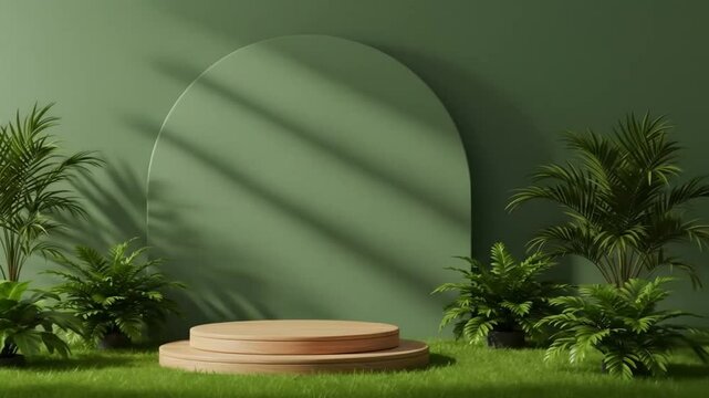 Product presentation with a wooden podium set amidst a lush tropical forest, enhanced by a vibrant green backdrop.