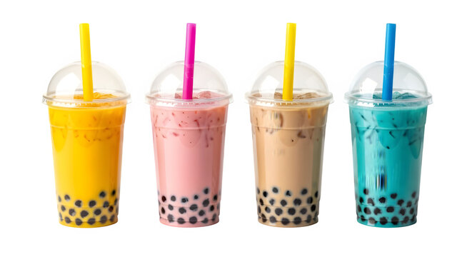Colorful bubble tea drinks tapioca pearls boba tea refreshing asian drink milk tea sweet treat summer drink 100 on transparent background