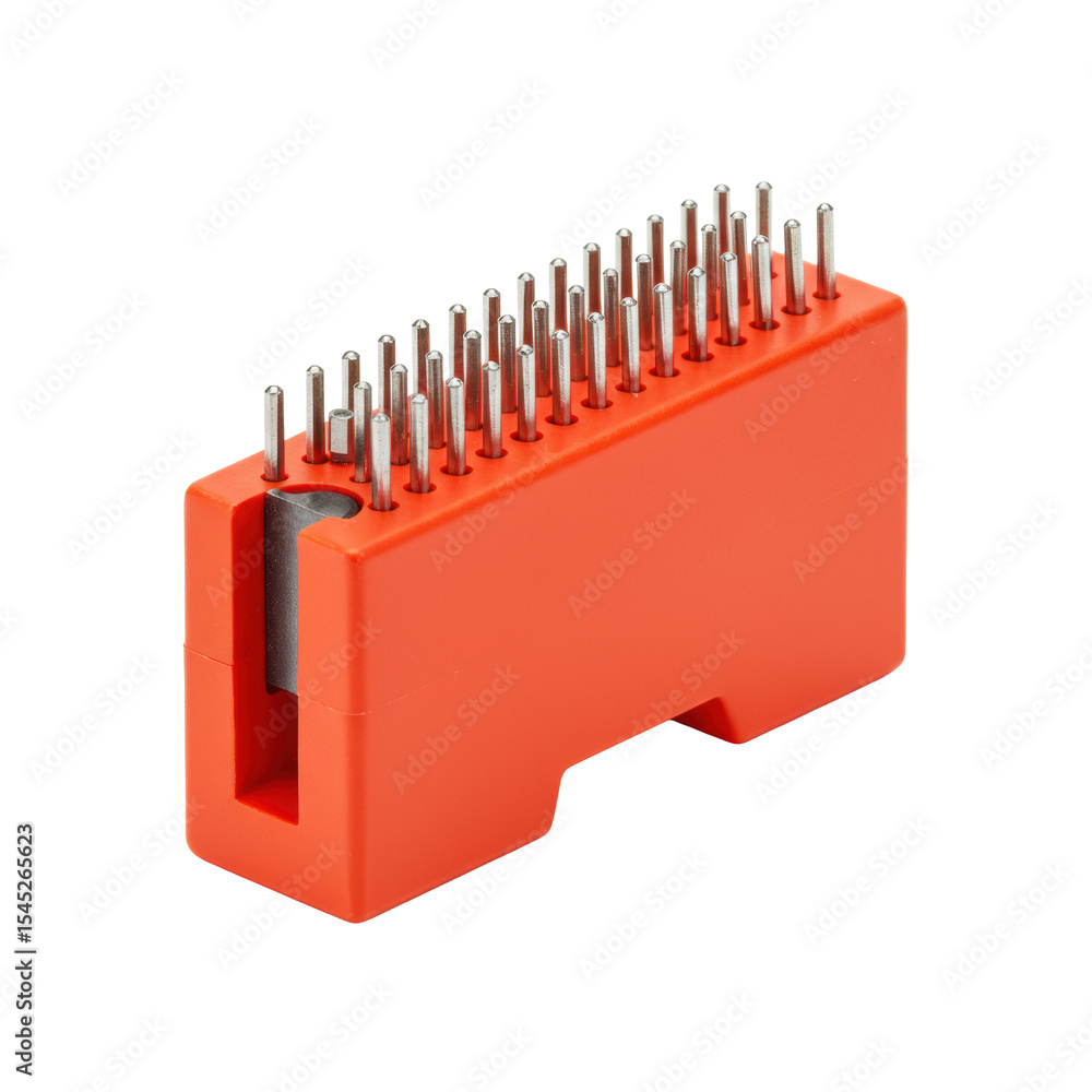 Poster small red contour gauge duplicator with metal pins, shown in a 3/4 view, isolated on a transparent b