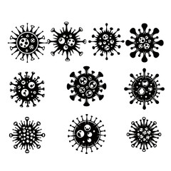Collection of nine stylized black and white coronavirus cells on a white background in a grid layout