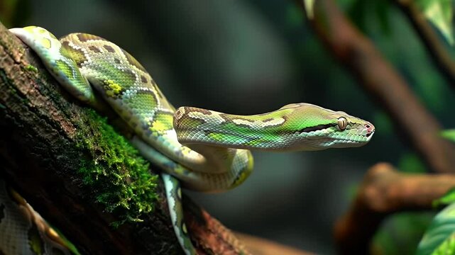 Reticulated Python Resting on Mossy Tree Branch in the Forest