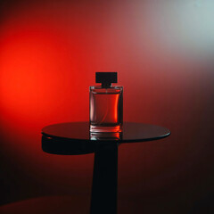 A sophisticated glass perfume bottle with a black cap sits on a sleek, round glass table against a dramatic red and white gradient background. The image evokes elegance and luxury.